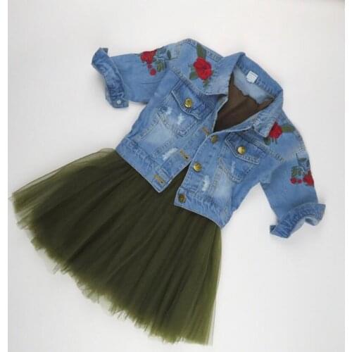 2019 Fashion Baby Girls Clothing Sets Embroidered Floral Denim Jackets and Coats+Tutu Skirt Winter Children Outwear Brand kids