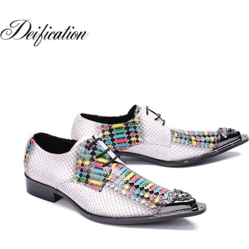 Deification Snakeskin Oxford Mixed Colors Printed Mens Lace Up Formal Dress Shoes Metal Toe Man Office Party Dress Wedding Shoes