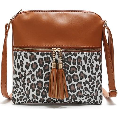 New Women Shoulder Bags Tassel PU leather Leopard Patchwork Crossbody Bag Zipper Small Ladies HandBags