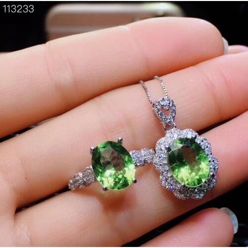 S925 silver natural green peridot gem pendant ring natural olivine jewelry set fashion Lovely round Flower woman party jewelry