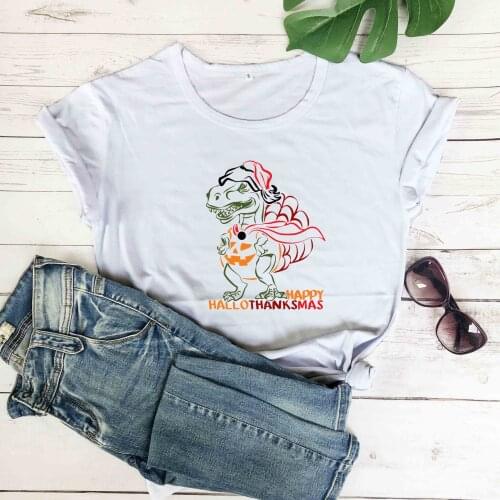 Happy HalloThanks Christmas dinosaur pumpkin halloween funny women fashion pure cotton casual gift tees vintage party cute tops