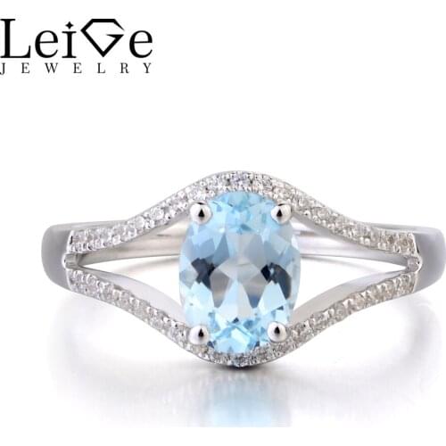 Leige Jewelry Genuine Natural Blue Aquamarine Ring 925 Sterling Silver Oval Cut March Birthstone Gemstone Promise Wedding Rings