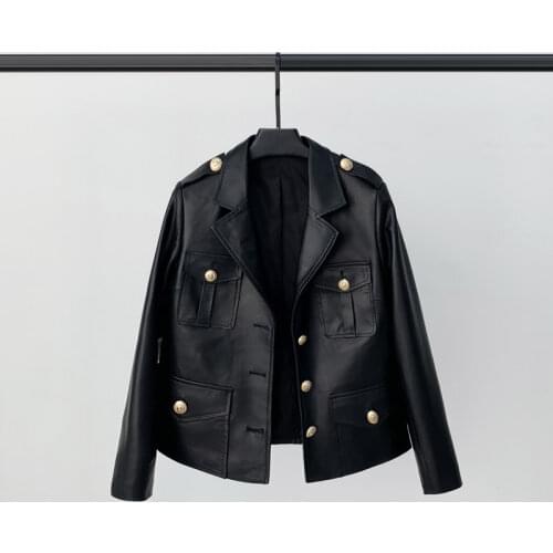 Spring 2021 New Leather Jacket Women Multi-pocket Metal Button Short Leather Jacket Sheep Skin Motorcycle Coat