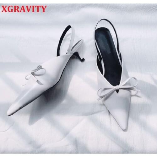 XGRAVITY Women Shoess Bow Knot V Cut Lady Sandalss Female Heel Mules All Matched WHITE Summer Shoes Elegant Woman Shoes A259