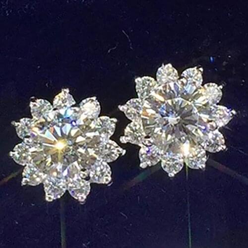14K White Gold Stud Earrings Women 0.5 1 2 3 Carat Round Moissanite Diamond Present Wedding Engagement Party Sun Flower Gift