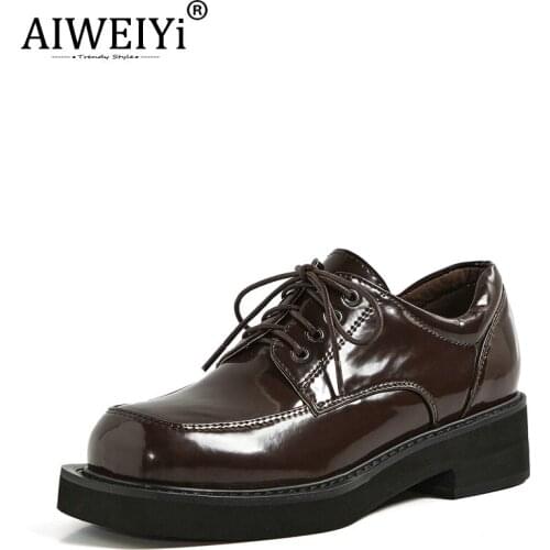 AIWEIYi Genuine Leather Platform Shoes for Woman Brogue Style Woman Heels Black Brown Lace Up Oxford Shoes