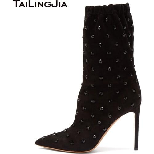 Black Suede Pointed Toe High Heel Mid Calf Boots Women Stiletto Short Booties Crystals Ladies Slip on Winter Shoes Big Size 2018