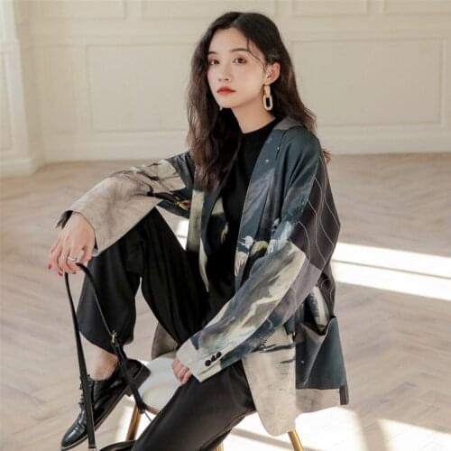 Women Blazers Jacket Korean Print Patchwork Plus Size Loose High Street Female Suit Coat 2021 Fashion Autumn Tops Abrigo Mujer