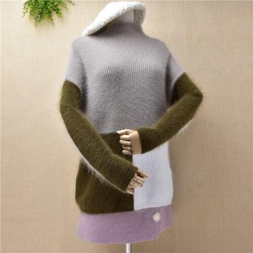 New women streetwear spring patchwork turtlneck Angora rabbit fur knitted hot female clothing soft base pullover