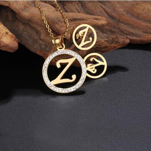 26 Capital Letter A-Z Jewelry Sets Women Gold Rhinestone Stainless Steel Bulgaria Initial Pendant Necklace & Earrings Sets