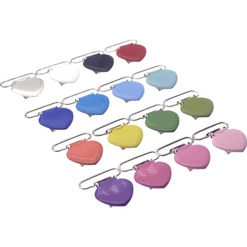 50 pcs Enamel Heart Shape Suspender Clip Baby Metal Heart Pacifier Clips Holder With Plastic Teeth To Protect Fabric Sutoyuen