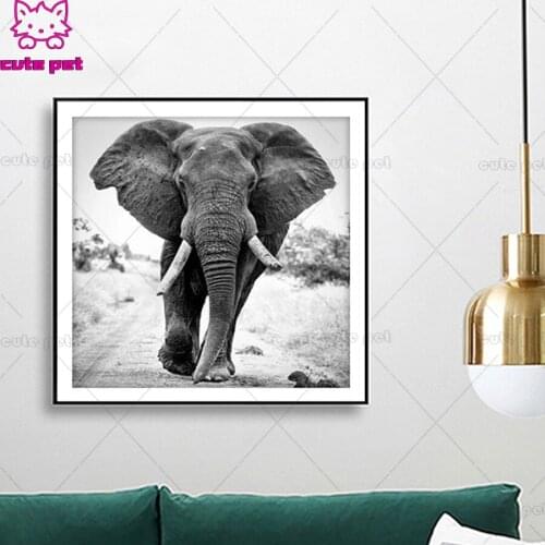 Diamond Painting black white elephant Full Square round Diamond Embroidery Animals Cross Stitch Handmade Rhinestones Art Hobby