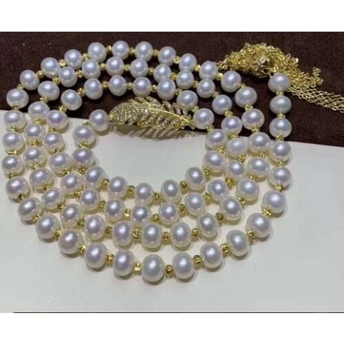 Free shipping jewelry Handmade long 7-8mm White Pearl CZ Necklace Pendant 925 silver micro inlay zircon leaf clasp accessory