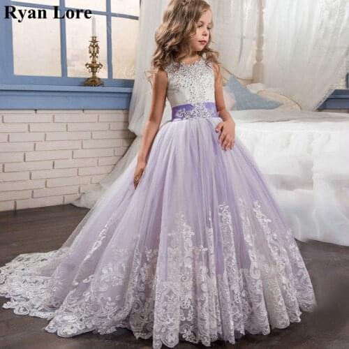 Elegant Flower Girl Dresses 2020 Purple Appliques Sleeveless Kids Princess For Weddings First Communion Dresses Pageant Gowns