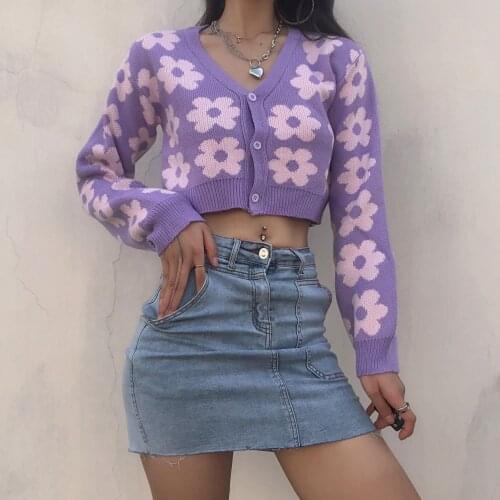 Elegant Retro Sweet Cute Streetwear Top Floral Print V-neck Long Sleeve Sweater Cardigan Girl Y2k Autumn Winter New Sweater Coat