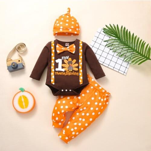 1st Thanksgiving Newborn Baby Girls Romper Lounge Set Childrens Long Sleeve Tops Long Pants Hat Kid Clothes Outfit Set 6 12 18