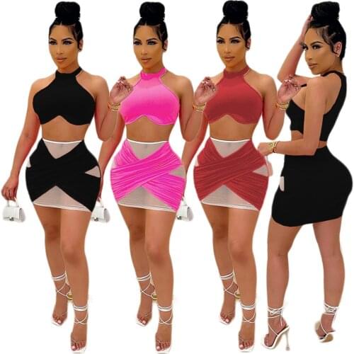 Sexy Cut out Velvet 2 Pcs Skirt Sets Halter Crop Top and Mini Cross Skirts Patchwork Mesh Summer Auturmn Clubwear Y2k Clothes