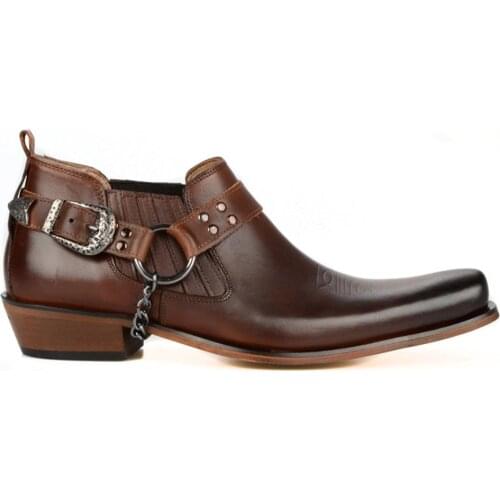 FootCourt- Tan Cowboy Shoes Tobacco Western Ankle Boots Genuine Leather Bandit Toe Motorcycle Shoes Removable Buckled Harness