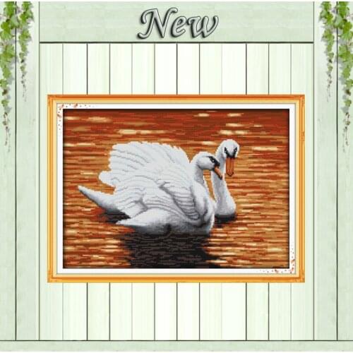 Sunset and Two swans pond decor painting counted printed on canvas DMC 14CT 11CT DIY Cross Stitch Embroider kits Needlework Sets