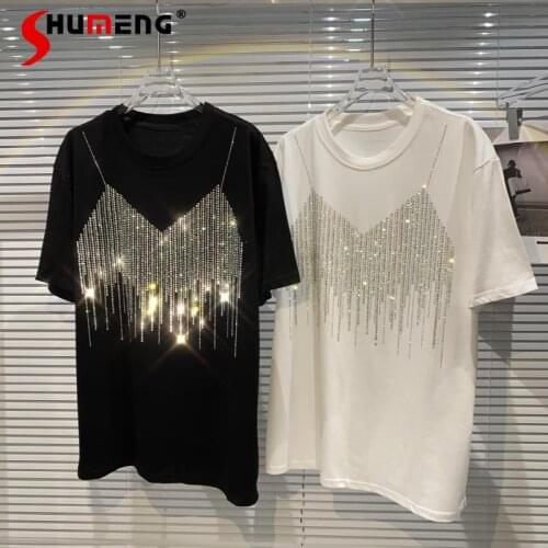 2021 Summer New Fashion Strap Pattern Rhinestone T-shirt Womens Shiny Round Neck Short Sleeve Tees for Female