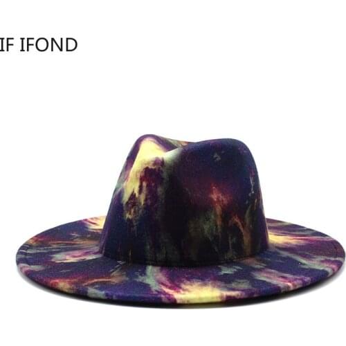NEW Multicolor Tie-dye Wool Fedora Hats for Women Men Autumn Winter Ladies Wide Brim Panama Felt Jazz Hat