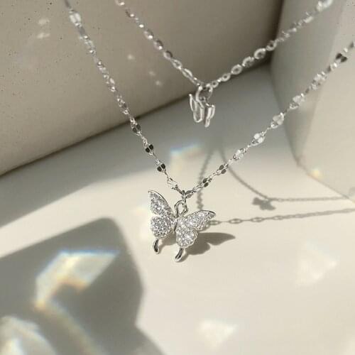 Silver Colour Shiny Butterfly Necklace Female Exquisite Double Layer Pendant Clavicle Chain Necklace Wedding Party Jewelry Gifts
