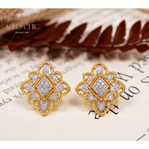 Rhombus Flower Earrings 925 Silver Paved White Diamond CZ Geometric Earring 18K Gold Tone Renaissance Filigree Studs C11E4S25492