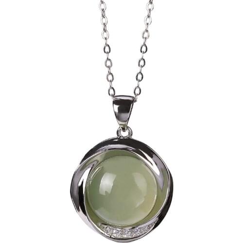 S925 sterling silver natural Hetian gray jade pendant simple and stylish personality round ladies clavicle chain set chain