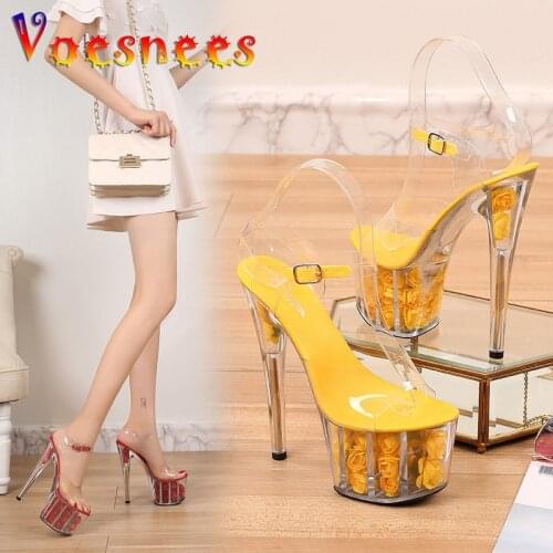 PVC Transparent Women Sandals High Heels 17cm Fetish Sandals Female Shoes Flowers Platforms 7cm Wedding Shoes Lady Pumps 40-48