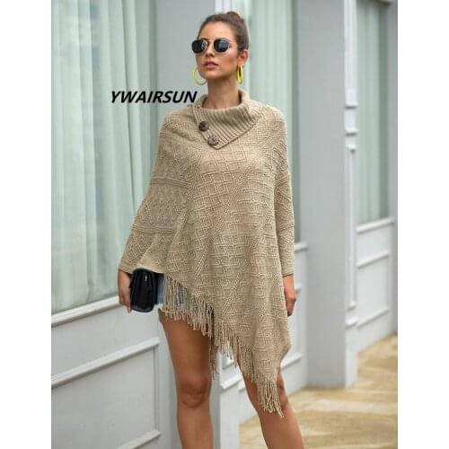 YWAIRSUN Fringed cloak female shawl button half open collar pullover diamond checkered ladies sweater poncho pashmina mujer