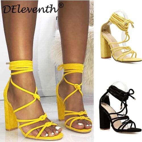 Women Sandals High Heels Sandals Chaussures Femme Occupation Leisure Round Toe Flock 10.5CM Thick High heels Lace Up office