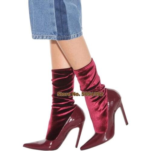 Women High Thin Heel Pointed Toe Mid-calf Boots Patent Leather Patchwork Velvet Elastic Boots Fashion Sock Boots Wine Red Plus