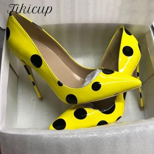 Tikicup Polka Dot Women Patent Yellow High Heels Pointed Toe Fashion Stiletto Pumps Italian Style Elegant Ladies Party Shoes