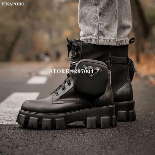 Fashion Pocket Platform Motorcycle boots Buckle Strap Black Belt Women Lace Up Female Sole Pouch Chunky Ankle Boots Plus Size 43