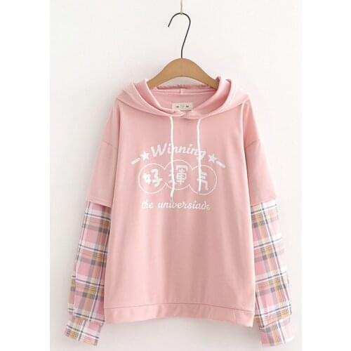 Women Harajuku Hoodies Sweatshirts 2020 New Sweet Style Girl Plaid Sleeve Loose Casual Pullover Tracksuit YUPINCIAGA