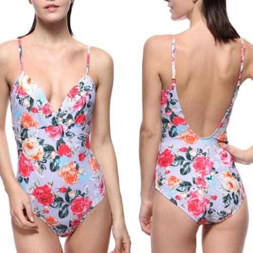 Women Retro Print Floral One-piece Swimsuit Women V-neck Backless Patchwork Monokini 2021 Girl Beach Adjustable Suits Swimwear