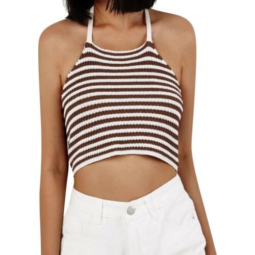 Women Halter Crop Cami Tops Sexy Sleeveless Striped Print Color Block Crochet Camisole