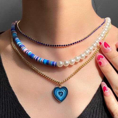 Flatfoosie Multi-layer Polymer Clay Pearl Beads Choker Necklace For Women Trendy Heart Pendant Crystal Chain Necklace Jewelry