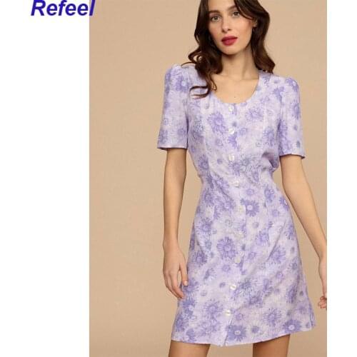 Women Dress 2021 Summer Flower Before The Button After The Band Round Collar Floral Print Waist Show Thin Short Dress Women