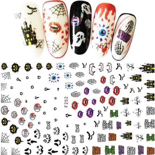 1 Sheet New Halloween Night Owl Pumpkin Skull Pattern Sticker Adhesive DIY Water Transfer Nail Art Stickers Decal F251-F260