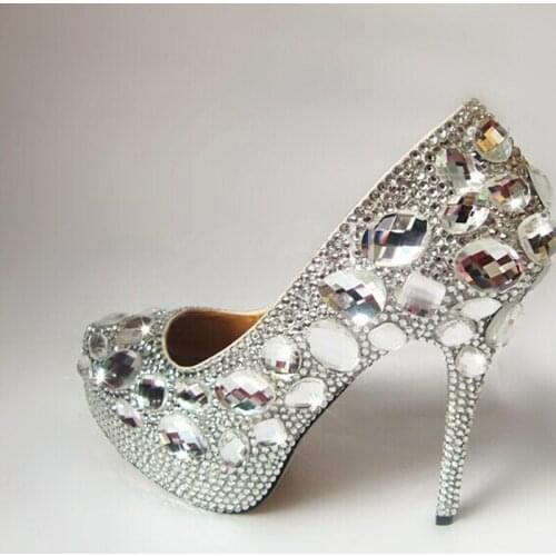 2020 Vogue Popular Formal Shoes Silver Rhinestone Wedding Shoes Round Toe High Heeled Bridal Shoes Waterproof Woman shoes