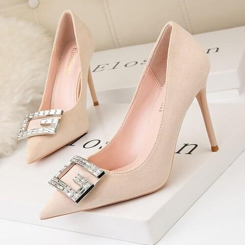 2020 Elegant Women Flock Black Nude 9.5cm High Heels Crystal Pumps Luxury Designer Office Lady Suede Heels Party Shoes Plus Size
