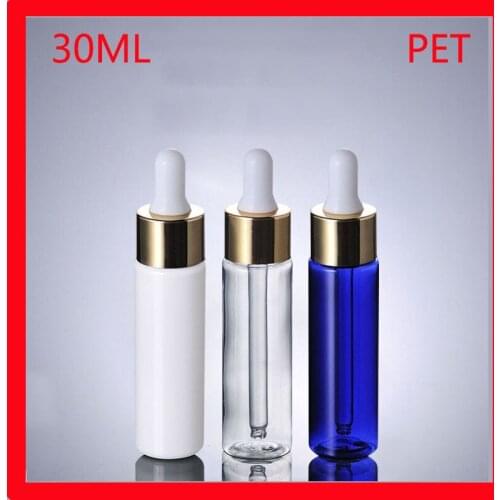 30ml Empty PET plastic dropper bottle with gold collar and white Bulb Perfume Sample Tubes For Essential Oil Refillable Bottles