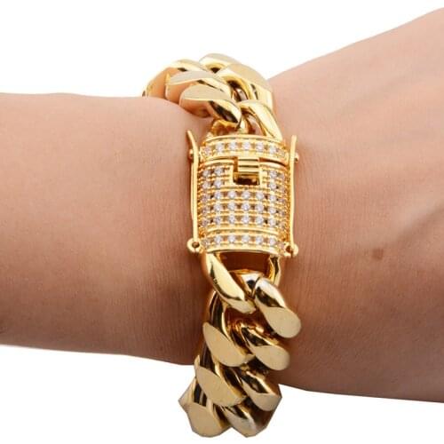 8/10/12/16/18mm CZ Zircon Stone Pave Stainless Steel Gold Cuban Miami Chain & Link Bracelets for Male Boys Hip Hop Rock Jewelry