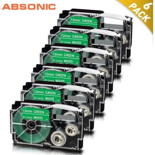 Absonic 6PK White on Green 12mm Label Tape for Casio XR-12AGN XR12AGN Printer Ribbon Label Cartridge for Casio KL-60 Label Maker