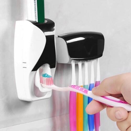 Automatic Toothpaste Dispenser Squeezer Wall Mounted Toothbrush Holder Rack for Family Washroom Bathroom Accessories Set Black