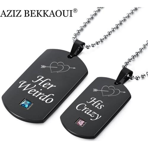 AZIZ BEKKAOUI Weirdo & Crazy Stainless Steel Couple Necklaces with Stone Black Tag Pendant Necklace Promise Jewelry Dropshipping
