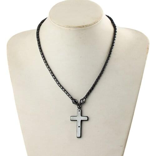 High Grade Natural Stone Black Magnetic Hematite Cross Pendant Necklace Screw Clasp Tube Shape Bead Chain For Woman Man Healthy