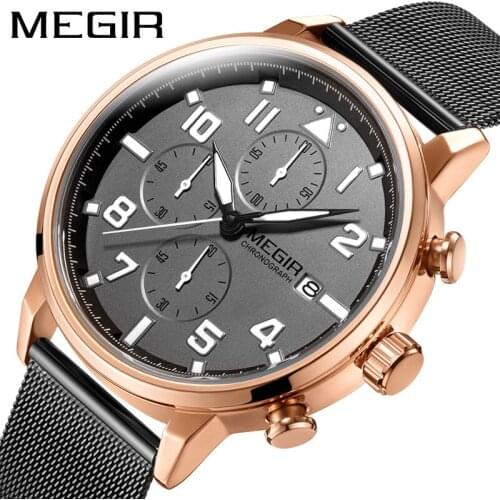 MEGIR Grey Dial Mens Watches Stainless Steel Band Business Luminous Chronograph Quartz Watch for Men Clock Relogio Masculino