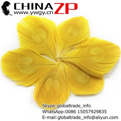 CHINAZP Factory 100pcs/lot Selected Prime Quality Dyed Yellow Trimmed Peacock Eye Feathers Clothes Decorations